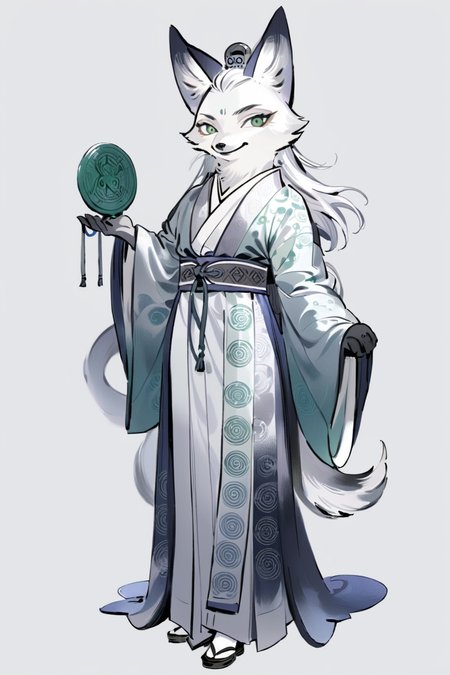 (((masterpiece))),(((best quality))),((ultra-detailed)), solo,ani,
A silver fox holding an antique jade seal, adorned in a silver brocade robe, the seal engraved with mysterious runes, emanating an ancient aura.
white background, full body,Role concept design, <lora:InkAni-000010:0.8>