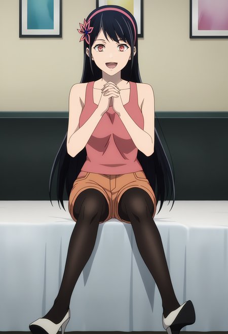 score_9, score_8_up, score_7_up, source_anime, rating_explict,
BREAK
1girl, solo, anime screencap, anime coloring, 
<lora:shiYeonFinalV1:1>, yeonpnk, long hair, black hair, red eyes, hair ornament, hairband, hair flower,
bare shoulders, collarbone, pink tank top, pink shirt, 
brown shorts, orange shorts, pantyhose under shorts, black pantyhose, white footwear, high heels, 
looking at viewer, smile, open mouth, happy, own hands together, clapping, 
indoors, bed, sitting,