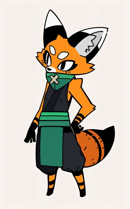 score_9, score_8_up, score_7_up,((best quality)), absurdres, ((full body)), <lora:BolivanteStyle:0.8>,   <lora:AkaiPXL:0.8>,AkaiPXL,body fur, orange fur, animal ears, green pelvic curtain, pelvic curtain, green sash, sash, featureless feet, green bandana, bandana, neck bandana, sleeveless, black shirt, shirt, pants, black pants, baggy pants, furry female, flat chest,tail, black eyes, white background,ear fluff