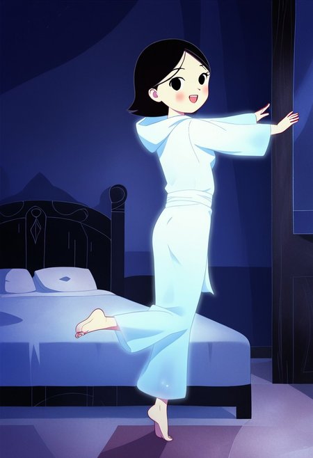 zPDXL3, source_cartoon, Perfect Hands, full body,
1girl, solo, aged down, bedroom, looking at viewer, saoirse, black hair, black eyes, blush, ghost, hood up, robe, barefoot, glowing, dancing on bed, from behind, facing at viewer, feeling cold, eyes open, smile, open mouth, sleeve past wrist, slim body, highlight cloth wrinkle, anime style, kicking, jumping,
<lora:Perfect Hands:1>  <lora:Saoirse_-_The_Song_of_the_Sea-000009:1>