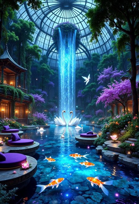 The Celestial Lagoon – A Ballroom of Floating Lights and Glowing Koi
A vast glass-domed ballroom, where soft bioluminescent light glows from cascading vines and enchanted orchids. The air shimmers with golden fireflies, drifting lazily among the towering emerald-green trees and crystalline fountains.
At the center lies a tranquil lagoon, its surface gently illuminated by glowing koi fish, their scales pulsing with radiant hues of sapphire, gold, and amethyst. The koi move gracefully, leaving trails of light like liquid stardust. Surrounding the water, floating marble platforms with velvet seating in deep purples and blues allow guests to recline in luxury while being surrounded by the tranquil glow.
Above, majestic luminescent swans with glistening, translucent wings glide through the open-air dome, their feathers trailing stardust. Tiny winged sylphs—delicate elemental fae creatures—dance among the vines, their laughter like the chime of silver bells.
A grand silver waterfall, lined with crystal flowers and glowing moss, cascades into the lagoon, its sound a soft, melodic hum, creating an atmosphere of serene enchantment and celestial wonder.