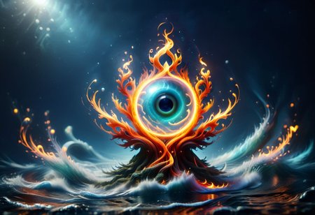Harmonious fusion of elements, earth air fire earth and ether combined in a pentagonal shape in seamless integration, earth grounding and stable, water flowing and fluid, air swirling and free, fire vibrant and warm, united in perfect balance, elements intertwining gracefully, serene and dynamic, vibrant flames, coexistence of contrasts, nature's optimal quality, synergy of forces, essence of unity, balanced natural forces, peaceful coexistence, elemental harmony, timeless and eternal, highly detailed, masterpiece, 32k, UHD quality, pentangle, all of this inside the big cyclopic eye