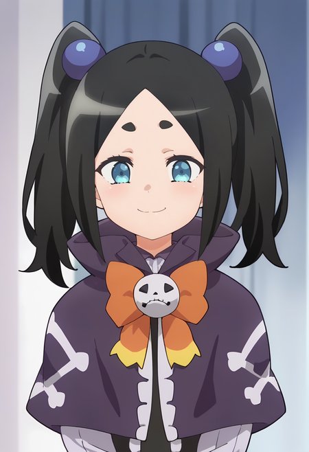 <lora:Tokkishiko Dana:1> tokkishiko dana, black hair, 1girl, thick eyebrows, blue eyes, solo, twintails, hair bobbles, long hair,    , purple capelet, orange bowtie, meme, thick eyebrows, bowtie, shirt,  looking at viewer, smile, score_9, score_7_up,anime coloring ,source_anime, anime