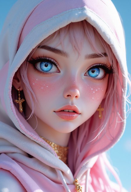 A hyper-realistic close-up of a woman's face with a pale, smooth complexion. She has large, expressive blue eyes with detailed reflections that mimic a galaxy-like texture. The eyes are surrounded by shimmery pink and golden eyeshadow. Her lips are full, slightly parted, and have a glossy, pinkish-peach color. She is wearing a soft, white and pink hood that covers her head entirely, leaving only her face visible. A small, golden cross earring dangles from her left ear. The image captures soft, bright lighting with a clear blue background, adding a dreamy and ethereal atmosphere. The art style is highly polished and resembles a blend of hyper-realism with 3D render techniques, focusing on smooth textures and vivid color contrasts.      <lora:FluxMythP0rtr4itStyle:0.8> MythP0rt, <lora:aidmaImageUpgrader-FLUX-V0.1:0.33> detailmaximizer,