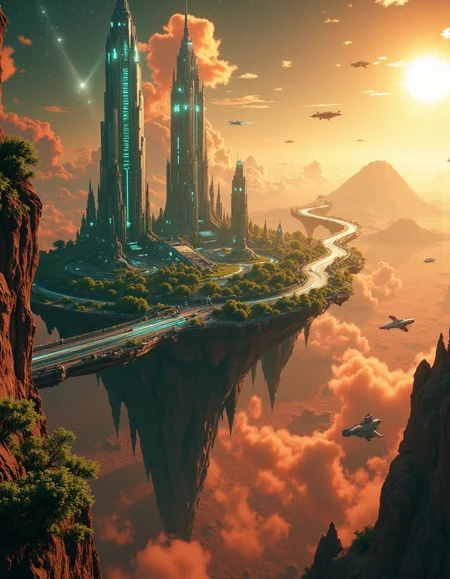 Suspended in the vast expanse of space, a mesmerizing chain of islands drifts serenely in orbit around the red planet, Mars. Each island hovers at a different altitude, their surfaces adorned with lush, emerald foliage that flourishes beneath the glimmering force fields enveloping them like protective shields. The shimmering barriers ripple like liquid light, refracting the harsh glow of distant stars and painting the sky with an ethereal iridescence.
Expansive land bridges connect these celestial wonders, their structures crafted from advanced alloys that gleam under the golden radiance of a nearby sun. Towering skyscrapers, sleek and futuristic, rise like monolithic sentinels from the dense greenery, their crystalline facades pulsing with streams of neon energy. Some seem to touch the heavens, their uppermost floors disappearing into the wisps of cosmic mist that swirl around them.
Above and below, sleek shuttles weave through the intricate pathways of this orbital oasis, descending gracefully toward the Martian surface in choreographed arcs of propulsion and light. Each craft leaves behind a faint, luminescent trail as it navigates through the shimmering force fields, vanishing into the crimson haze that blankets the planet below. The scene is a breathtaking fusion of sci-fi wonder and mystical grandeur, rendered in stunning 8K detail with the magic of Unreal Engine, Octane Render, and the unparalleled realism of ray tracing. It is a vision of a world where technology and fantasy entwine, suspended in the cosmos like an artistâs dream brought to life. <lora:Flux_Detailer_v3:0.8> Jeddtlv3 <lora:Test:0.8> n1t3_du5t