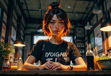 ((best quality)), ((masterpiece)), (detailed),  backlighting, (1girl), (torogao), (streaked hair), fit, medium breasts,  tan, short hair, (tshirt),  <lora:yoneyamaMaiStyle_yoneyamaMaiV2Locon:0.9>,  <lora:Reon_Kadena_chilloutmix:0.7>