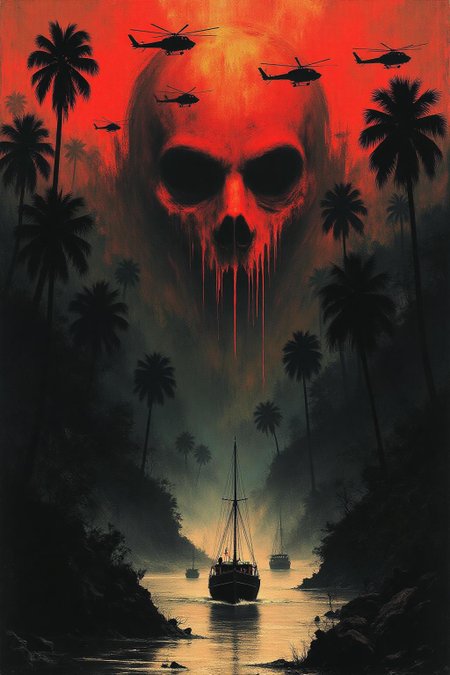 apoca1 illustration. A dramatic, surreal poster inspired by the film Apocalypse Now, featuring a large, ominous face illuminated in red and orange tones, blending into the background of a dark, eerie jungle. Helicopters fly in formation across the blood-red sky, while a riverboat sails through the misty waters below. The composition is intense and haunting, with an atmosphere of chaos and foreboding. The color palette is dominated by fiery reds, deep shadows, and golden highlights, evoking a sense of psychological tension and war's devastation  <lora:apocalypse_now1_fl_d4a2:0.8><lora:803274470795130110:0>