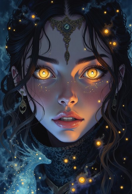 Cinematic close-up portrait of a dangerously alluring sorceress, her gaze both charming and hypnotically seductive. Her full lips curl into a knowing smile, her piercing eyes glowing with arcane energy. A high, ornate collar frames her face, part of her dark, intricately designed sorceress attire adorned with ancient runes that pulse faintly. Her long, flowing hair shimmers with an unnatural, enchanting motion, infused with strands of arcane energy. Wisps of violet and amber light dance around her fingertips as she conjures a small, ghostly dragon, its delicate wings unfolding in flickering, spectral fire. The moody lighting casts deep shadows, highlighting the sharp contours of her face, while floating embers and swirling mist enhance the dark, mystical atmosphere. Ultra-detailed, cinematic lighting, high-resolution. Studio Ghibli Dark Fairytale, cpstyle