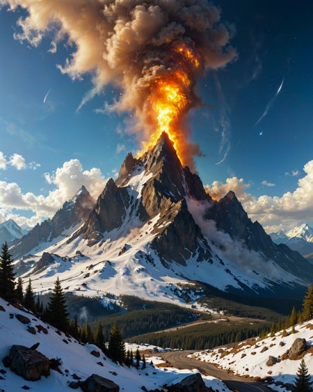 (fantasy landscape:1.2),(surreal landscape:1),
a rugged mountain, with jagged peaks, howling winds, and an air of isolation,  
Pyrocumulus from wildfire infernos,  
Homogenitus from industrial plumes,  
Volcanic ash-filtered copper sunlight, 
Winter pine forests under snow,
,  
,
Forges hammering comet fragments,
,
Greg Rutkowski: (magical lighting), (smooth color transitions), (dynamic character details), (epic fantasy scenes) :cite[2],
 f/4, shutter speed 1/250 sec, iso6400, white balance fluorescent, exposure compensation    "-2.0 ev", aperture priority shooting mode, framing, focus mode manual, partial metering,
(masterpiece:1.4), (intricate details:1.4), (hyperrealistic:1.3),(painting:0.9),(ultra detailed:1.4), (8k resolution:1.3), (sharp focus), (dramatic perspective:1.1), (chromatic aberration:0.3), (film grain:0.2), 
 <lora:cheeseDaddys_35:0.3>,
<lora:JuggerCineXL2:0.3>,
 <lora:add-detail-xl:1.15>,
 <lora:WildcardX-XL-Detail-Enhancer:0.4>,
 <lora:sdxl_lightning_8step_lora:0.3>,
<lora:EnvyDramaticLightingXL02_photo:0.4>,
 <lora:xl_more_art-full_v1:0.7>,
 <lora:ClassipeintXL2.1:0.3>,
 <lora:Flux-XL_Scenery:0.5> flux-scenery,