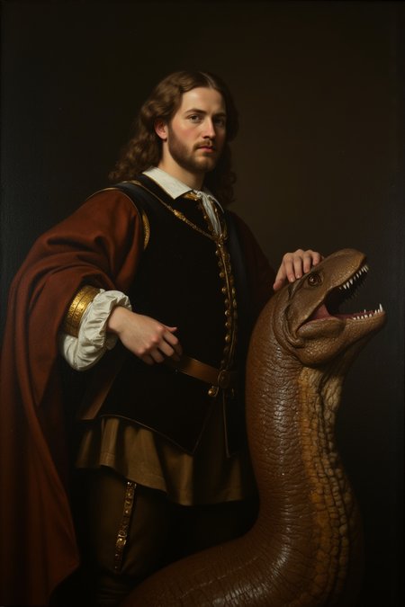 classical oil painting,HDPortrait_photo,In a striking tableau that blends the aesthetics of classicalism with the fantastical,a medieval French nobleman stands poised in the center of a dark,moody backdrop. His attire is a rich tapestry of nobility,with a doublet of fine velvet and a cloak that drapes elegantly over his shoulders. His hair is styled in the fashion of his time,and his face bears the composed expression typical of classical portraiture.,
Beside him,an impossible companion: a dinosaur,its scales a deep,earthy hue that contrasts with the nobleman's attire. The creature's presence is both surreal and majestic,its size dwarfing the human figure yet its demeanor gentle,as if it is a trusted friend rather than a prehistoric beast,close up,
The nobleman rests a hand upon the dinosaur's back,a gesture of camaraderie and mutual respect. The interplay of light and shadow accentuates the textures of the nobleman's clothing and the dinosaur's scales,adding depth and realism to the scene.,
This painting,while rooted in classical style,defies the boundaries of time and reality,creating a whimsical and thought-provoking image that challenges the viewer's perceptions of history and the natural world.,