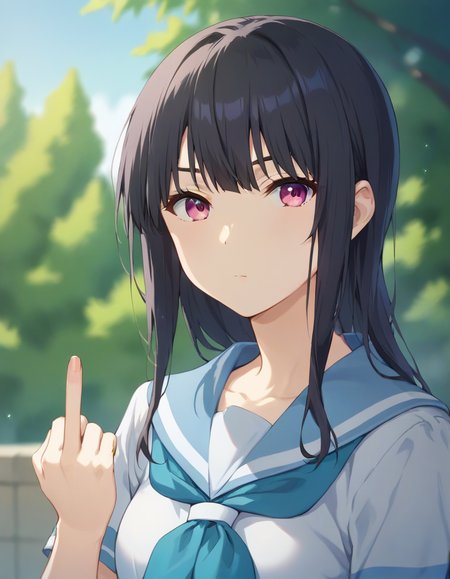 score_9,score_8_up,score_7_up,score_6_up,BREAK official art,solo,outdoors,expressionless,upper body,(portrait:1.5),cheek-to-cheek,looking at viewer,facing viewer,Yoroizuka Mizore,long hair,black hair,sidelocks,bangs,pink eyes,kitauji high school uniform,blue sailor collar,blue neckerchief,white shirt,short sleeves,middle finger,medium breasts,blue skirt,long skirt,pleated skirt,black socks,loafers,<lora:Yoroizuka Mizore(hibike)-Pony:1.2>,<lora:Smooth Anime Style LoRA XL:0.8>,