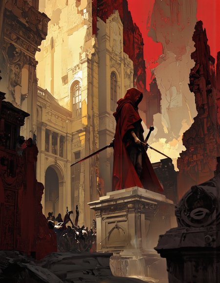 Art by Richard Anderson. A digital illustration shoot from a low angle about a mysterious figure in a red hooded cloak stands on a stone pedestal amidst a dramatic, abstract architectural background. the image also shows a grand, ornate building with intricate details and a red sky. on the center of the image, a 1woman, who appears to be in her mid-twenties, stands with her back to the viewer, facing away from the viewer. she is wearing a red cloak and holding a sword in her right hand. her hair is styled in a long hair style and she has a serious expression on her face. the woman is positioned in the middle of the frame, with her upper body visible from the perspective of the camera. the background is filled with a mix of abstract shapes and colors, including red, yellow, and beige, which create a sense of depth and dimension. the overall effect is one of grandeur and mystery, with a focus on the figure and the dramatic lighting.