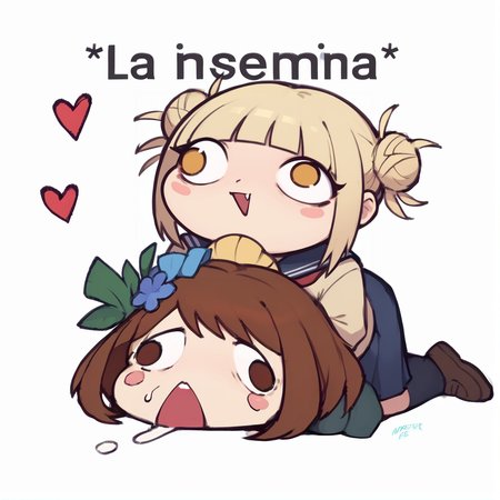 score_9, score_8_up, score_7_up, rating_explicit, zPDXL2, zPDXLxxx, zPDXL3, source_anime, <lora:La_Insemina:0.6>, 2girls, simple cartoon style, blush, sweat drops, lewd pose, exaggerated eyes, sexual interaction, doggystyle position, heart, top person, bottom person, simplified anatomy, exaggerated expressions, lewd mood, chibi, english text, 
BREAK  toga himiko, bangs, blonde hair, yellow eyes, blunt bangs, hair bun, double bun, messy hair, skirt, long sleeves, school uniform, pleated skirt, shoes, serafuku, socks, sailor collar, blue skirt, neckerchief, kneehighs, brown footwear, cardigan, black socks, loafers, red neckerchief, yellow cardigan, fang, 
BREAK uraraka ochako, brown eyes, brown hair, short hair, blush, blush stickers, skirt, shirt, school uniform, white shirt, short sleeves, pleated skirt, necktie, collared shirt, red necktie, u.a. school uniform,