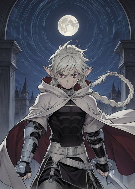 masterpiece, best quality, arms at sides, male focus, 1boy, male, gothic background, night, solo, (concept art:1.2), fighting stance, holding sword, manga panels, 
<lora:Koinzell:0.8>, Koinz0l, red eyes, platinum blonde hair, scar across eye, pointy ears, twin braid, platinum blonde eyelashes, cape, hooded cloak,