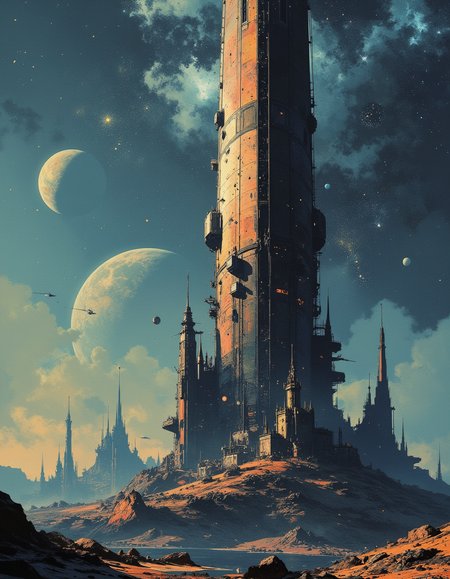 This image is a high-quality photograph. the vastness of space unfolds in an awe-inspiring spectacle. A colossal spaceship, its surface intricately textured with the patina of countless voyages, glides silently through the cosmic expanse. Its sleek yet monumental design echoes the grandeur of a bygone era, silhouetted against the muted, ethereal glow of distant stars and nebulae that bathes the scene in a dreamlike light. Below, a sprawling futuristic cityscape sprawls across a distant celestial body, its towers and spires reaching upward in harmonious alignment with the stars, crafted with a precision that reflects both technological mastery and artistic elegance. The muted color palette, dominated by soft blues, silvers, and gentle hues of lavender and gold, imbues the composition with a serene yet otherworldly atmosphere. Celestial bodies, rendered with a delicate abstraction, hover in the background, their forms both familiar and enigmatic, suggesting the infinite mysteries of the universe. This scene, with its seamless blend of the abstract and the tangible, captures the essence of John Harris's distinctive style, evoking a profound sense of awe and wonder. It is an artistic vision of space opera at its most epic and imaginative, where the boundaries of reality and imagination blur into a harmonious and captivating visual symphony.. , filigree 4k uhd, cyberpunk, enchanted reality..

(depth of field)
mythp0rt,

nigiex.  
. The background is minimalist, a gradient of shadowy blue tones, amplifying the ethereal and futuristic ambiance of the scene. The overall composition feels cinematic, blending high fashion with a science fiction aesthetic.