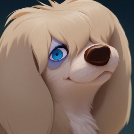 score_9, score_8_up, score_7_up, masterpiece, best quality, highly detailed, realistic, PegLTT, 1girl, solo, furry, feral, canine, tan body, tan fur, light-blue eyeshadow, blue eyes, black pupils, brown nose, hair over one eye, close-up, smile, closed mouth, looking at viewer, blue background, simple background