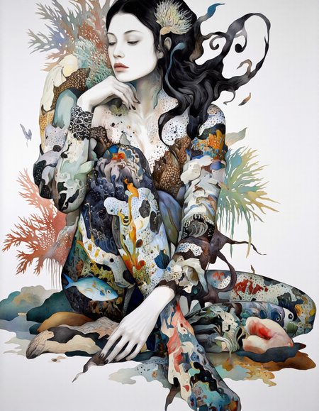 Art by Vvika & Akiya Kageichi.
A surreal, abstract painting of a woman with a white face and black hair, sitting on the ground with her legs crossed. Her body is composed of various organic elements, including coral, seaweed, and fish, creating a complex and intricate design. The woman's hands are white with black fingertips, and her nails are painted black. She is surrounded by a vibrant array of colors including black, white, green, red, blue, and yellow. The background is white, and the overall composition is horizontal and rectangular. The painting has a dreamlike, underwater quality, blending human and marine forms in a striking and imaginative way.