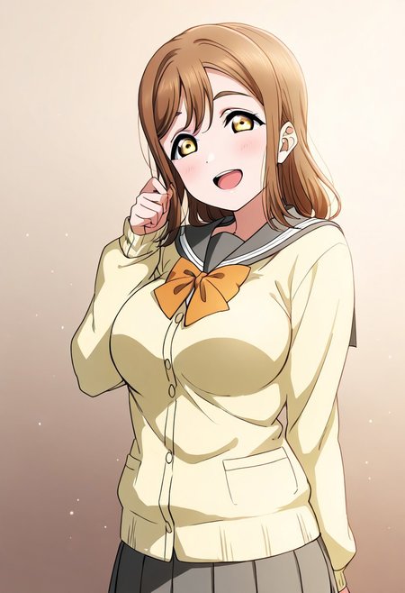 masterpiece, best quality, solo, 1girl, aged up, happy, large breasts, 
hanamaru, long hair, bangs, brown hair, yellow eyes, long sleeves, bow, serafuku, bowtie, cardigan, uranohoshi school uniform, yellow cardigan,