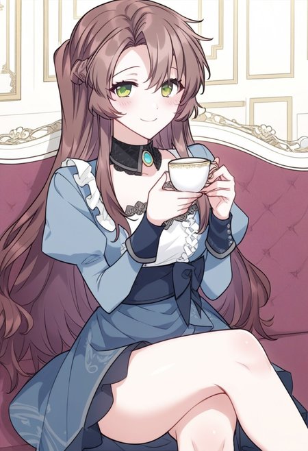 zPDXL3, score_9_up, score_8_up, score_7_up, (Anime_source), 1girl, ChloeBattenberg, green eyes, brown hair, long hair, Chloe, dress, half updo, braid, cowboy shot, looking at viewer, (half-closed eyes, blush, shy smile), sitting on couch, crossed leg, hand teacup  holding