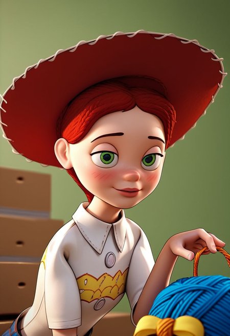 score_9, score_8, score_7, score_6, Jes_sie, 1girl, rating_explicit, red hair, hat, leaning forward, tight shirt, seductive eyes, seductive smile, plastic skin, yarn hair, toy, exposed shoulders