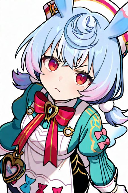 masterpiece, High quality, Ultra detailed, 2d, newest, absurdres, highres, BREAK
1girl, solo, <lora:sigewinne:0.8>, low twintails, pom pom hair ornament, blue hair, white headwear, animal ears, red eyes, 
small breasts, sigewinneDef, long sleeves, white apron, aqua shirts, red bowtie, puffy sleeves, white gloves, shorts, black shorts, apron ornament, striped bows, white pantyhose, wings, white back bow, short tail, 
looking at viewer, angry, closed mouth, from above,