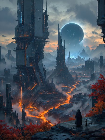 Cinematic sci-fi cityscape at dusk, gothic cyberpunk architecture with towering spires and glowing orange lava rivers running through the streets. A lone cloaked figure and their small robot companion stand on a ruined ledge, overlooking the surreal metropolis. High detail, dramatic volumetric lighting, sharp contrasts, deep blue shadows and vivid warm highlights. Dreamlike sky with giant sun and stylized clouds. Fall foliage in bright red-orange tones. Film grain, raytraced reflections, masterpiece quality, emotionally intense and visually striking composition.