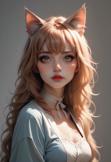 ASCII, photorealistic, OLED, score_9, score_8_up, score_7_up, score_6_up, 1girl, green eyes, soft freckles, copper hair, bangs, strands of hair falling over the face, long hair, cat ears, ((full body, eyes view)), medium breasts, simple grey background  <lora:SnowFoxeij-000006:0.8>, white ribbon choker, looking to viewer, cute face, blue summer dress, cat tail