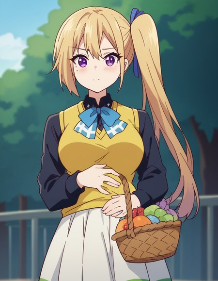 score_9, score_8_up, score_7_up, source_anime, <lora:mai-kawakami-s1-ponyxl-lora-nochekaiser:1>, mai kawakami, blonde hair, hair ribbon, long hair, mole, mole under eye, ribbon, side ponytail, purple eyes, large breasts,, school uniform, skirt, vest, yellow vest, skirt, white skirt,, farmers market, fresh produce, local vendors, baskets, sunny day, community, , looking at viewer, hand on stomach, blush,, solo,, dutch angle,
