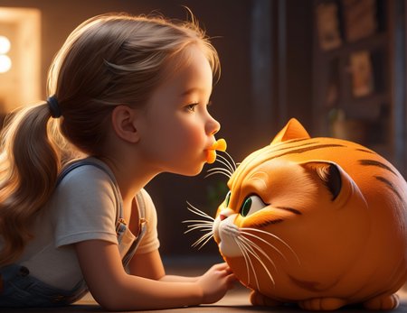 Surrealist art Close up, a Pixar-style (little girl kisses a very huge Orange Garfield cat:1. 2) with an outfit made of cheese only, the cat body bigger than the girl, in an anime style, in the style of zbrush, i can't believe how beautiful this is, realistic renderings of the human form, pseudo-realistic, luminous palette, minimalist illustrator, realistic figures, imagination, visual impact, Unreal Engine 5 rendering, skin subsurface scattering, high sampling, high pixel count, extreme facial detail, AAA level, film lighting, expensive commercial retouching, commercial post production studio lighting, 3D animation style, field effect, 8K . Dreamlike, mysterious, provocative, symbolic, intricate, detailed