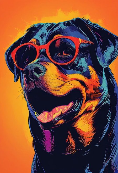 impactful color paint of, a Rottweiler wearing dark sunglasses, highly detailed, vibrant colors , 8k, sharp, professional, clear, high contrast, high saturated, , vivid deep blacks, crystal clear