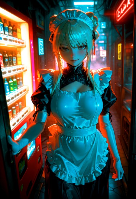 HDR, 8K, high contrast, masterpiece, best quality, amazing quality, very aesthetic, superabsurd res, high resolution, ultra-detailed, absurdres, newest, scenery, (horikoshi kouhei:0.3), (quasarcake:0.3), (wlop:0.3), light rays, chiaroscuro, dynamic angle, close up, oo_lym, 1girl, brown eyes, double bun, long hair, bangs, blonde hair, medium breasts, curvy, wide hips, maid, maid headdress, apron, elbow gloves, white gloves, looking at viewer, blushing, seductive smile, plump lips, standing , breast focus, neon lights, cyberpunk, shop, vending machine, fog, partially illuminated, (backlighting), Intricately designed, Mysterious, BREAK, photorealistic, beautiful detailed eyes, detailed skin, detailed hair, volumetric lighting, dappled light, light particles, dramatic shadows, cinematic lighting, depth of field, <lora:ponyxl\cfg_scale_boost:0.8> <lora:IL\KMS_OO_Lym_IL-000007:0.9>