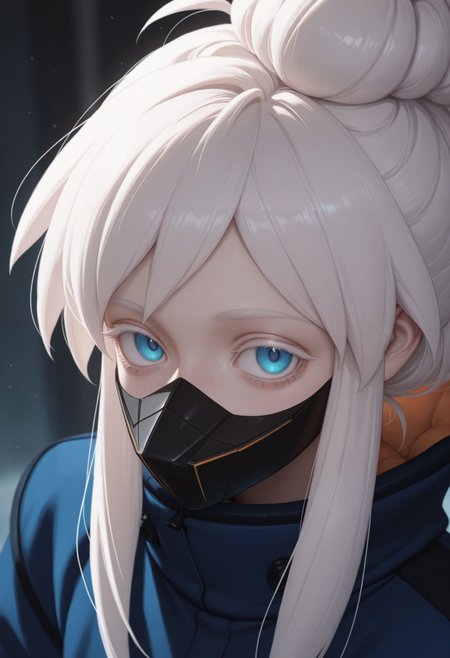 masterpiece, best quality, newest, (realistic:0.5), solo, looking at viewer, 
 <lora:Deux illu:1>1girl, white hair, single hair bun, white eyelash, 
1girl, blue eyes, mouth mask, white hair, looking at viewer, freckles, closed mouth, blue jacket, sidelocks, single hair bun, portrait