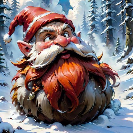 RTX, 8k, HDR, best quality, realism, film plot, (masterpiece), close-up, portrait, oil paint, watercolor, art by Greg Rutkowski, Frank Frazetta,
Harry the Gnome, detailed digital art, cheerful Harry the Gnome, wearing a red Santa hat, laughing, cartoon style, snowy forest background, billowing clouds, Harry the Gnome, flowing long beard, braided mustache, celestial aura, mystical setting, celestial runes in the air, radiating glow, iridescent stones, gnome Harry with bracelets, magical fireworks in the air, surreal landscape with floating clouds, detailed and charming, magical spirit of Christmas, cold air flowing in the air, matte style, high detail, long flowing beard,