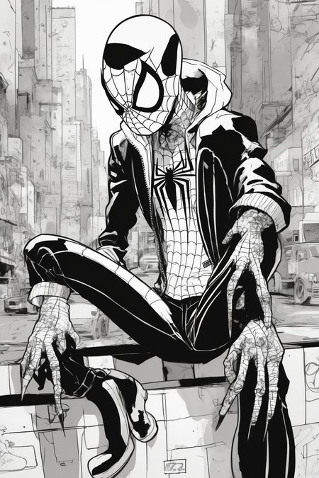 Jim Mahfood Style - Spiderpunk in Spiderman outfit in the style of white and Black comics from Sean Gordon Murphy