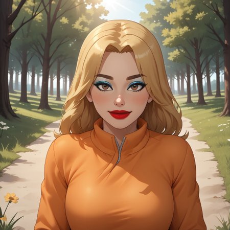 score_9, score_8, BREAK, solo, wii, mii, wii sports, 1girl, female mii, cute, attractive, blonde hair, brown eyebrows, brown eyes, makeup, blush, blue eyeshadow, red lips, lipstick, orange clothing, white pants, shoes, breasts, nintendo mii, modern_mii, classic_mii, Marilyn_(OC_Mii), sexy pose, self portrait, smile, outdoors, sunlight, shadows, evening lighting, natural lighting, forest, trees, grass, orange sky, sunset