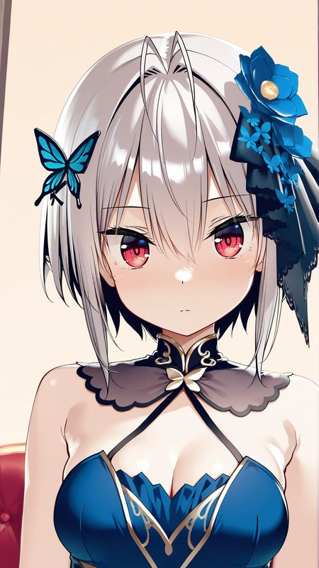 <lora:bepp_zimlock_v2:1>bepp zimlock,short hair,red eyes, grey hair
butterfly hair ornament, flower hair ornament, hair between eyes, antenna hair
blue dress,gold trim, bare shoulders,gold trim
cleavage
 simple background ,straight-on ,portrait ,close-up