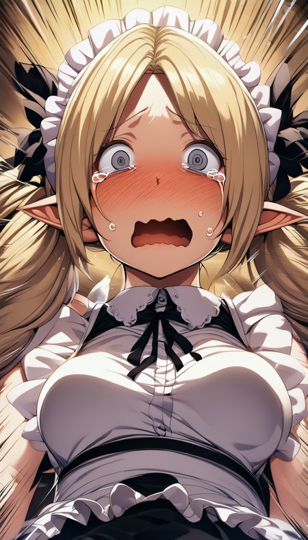 SFW, masterpiece, 1girl,medium breasts, blonde hair, twintails, hair over eyes, long bangs,parted bangs, (open_mouth,wavy mouth:1.2), cry, @ @, grey eyes, constricted pupils, tears, pointy ears, turn pale,hand on own, maid, black ribbon, portrait, looking at viewer, from below, dutch angle, (emphasis_lines:1.6), <lora:LCM_LoRA_Weights_SD15:0.4>
