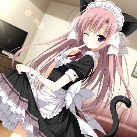 <lora:Natsusaki_Yomi_1_nai-000040:1>,Natsusaki Yomi,hair ribbon,white ribbon,
maid,maid headdress,cat ears,black ears,wrist cuffs,black dress,center frills,white frills,white collar,black sleeves,puffy short sleeves,detached sleeves,frills,waist bow,white bow,layered dress,frilled dress,white skirt,frilled skirt,maid apron,white apron,white  apron,frilled apron,waist apron,red bowtie,plaid bowtie,cat tail,black tail,
BREAK
1girl,solo,one eye closed,looking at viewer,indoors,skirt lift,smile,blush,living room,lens_flare,dutch angle,finger to mouth,from side,depth of field,