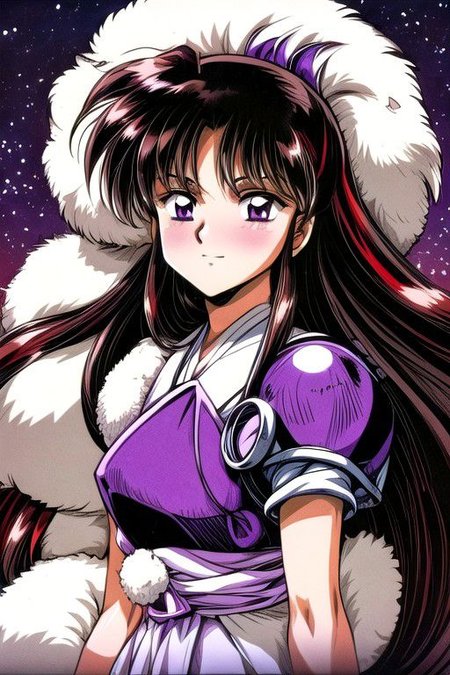 best quality 1girl Setsun4 solo long hair,  (night time) forest background black hair very long hair purple eyes multicolored hair armor, small, (fur trim) (medium body),<lora:EMS-179-EMS:0.800000>,<lora:EMS-293862-EMS:0.800000> bow, hair_bow, hair_tubes, red_bow, brown_hair, long_hair, bangs, ascot, frilled_bow, yellow_ascot, blush, smile, hair_between_eyes, athletic, armor, miko, strengthmda,  Smiling, happy, helmet