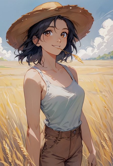score_9, score_8_up, score_8, high detail, perfect eyes, ExpressiveH, summer, a woman walking through a wheat field 
BREAK, 1girl, 28 year old girl, cute, sexy freckles, brown eyes, medium round breasts, short wavy black hair, black hair, brown eyes, happy smile, brown cargo pants loose tank top, no bra, cowboy straw hat, blade of wheat in mouth
 BREAK, cowboy shot,