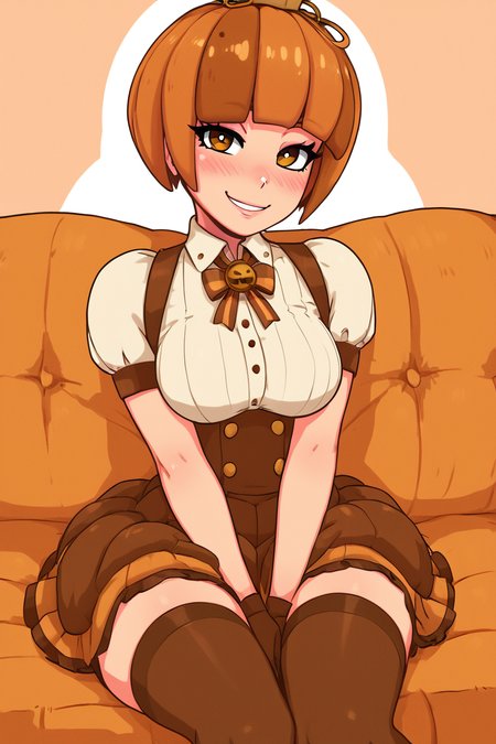 score_9, score_8_up, score_8, medium breasts, (curvy), cute, eyelashes,      ,,, zPmpknGrl, brown eyes, short hair, brown hair, blunt bangs,  gloves, thighhighs, short sleeves,  pumpkin, shirt, sitting, white shirt, <lora:PumpkinGirl_Masashi_PDXL:0.8>,   ,,, hand between legs, blush, smug,  ,,,  smile, looking at viewer, blush, blurry, couch, sitting,   ,,, <lora:Afrobull_PDXL_v5:0.8>, ,  ,,, BREAK,   smile, looking at viewer, cowboy shot,   embedding:zPDXL, Expressiveh, <lora:SDXLFaeTastic2400:0.5>,  <lora:Expressive_H-000001:0.4>,