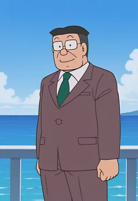 1boy, standing, cowboy shot, blue sky, anime screenshot, horizon, ocean, outdoors, smile, 
BREAK
senseiofnobita, mature male, glasses, black hair,
BREAK
brown suit, white shirt, brown footwear, green necktie,
BREAK
best quality, masterpiece, very aesthetic, absurdres, highest detailed, very awa, newest, lineart, <lora:Sensei_from_late_Doraemon_Åyama_edition_v0.1:1>
