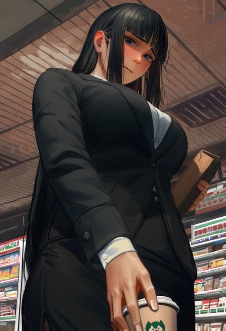 gwzs, detailed drawing,
1girl, solo,
from below, 
tall height, milf, Japanese, Asian, 
blue eyes, black hair, hime-cut, long hair, large breasts, baggy eyes, pupils, 
Office lady, black jacket, white buttoned undershirt,
shy, looking at viewer, tired, holding latte cup,
convenience store,