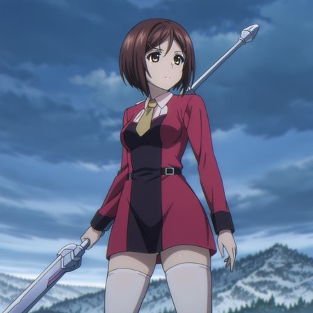 nsfw, masterpiece,best quality,amazing quality,1girl, solo, strike_the_blood_yuiri_haba, brown hair, weapon, short hair, sword, thighhighs, brown eyes, sky, holding weapon, bob cut, holding, dress, polearm, white thighhighs, cloud, <lora:Yuiri_Haba_-_Strike_the_Blood:0.7>