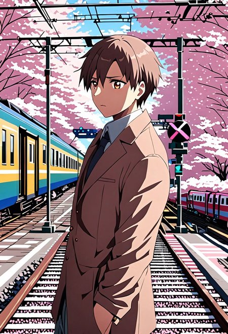 high resolution, solo, best quality, 1Boy, Takaki Toono, Brownish Hair, Brown Eyes, Train Crossing, Sakura, Cherry Blossom, OverallDetail