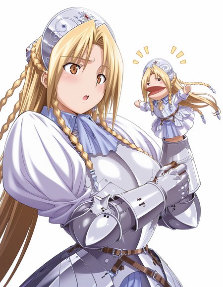 masterpiece, best quality, amazing quality, ultra high res, official art, incredibly absurdres, ultra detailed, 
1girl, solo, iria(ryouki_ii), blonde hair, long hair, twin braid, brown eyes, beautiful detailed eyes, detailed face, detailed skin, large breasts, BREAK 
armored dress, 
lovestruck, :o, looking at another, standing, hppt,hand puppet, happy aura, simple background, white background, face focus, deep contrast of light and dark <lora:hand_puppet_IL_v1:1>
 <lora:iria(ryouki_II) v1.0-000014:1>