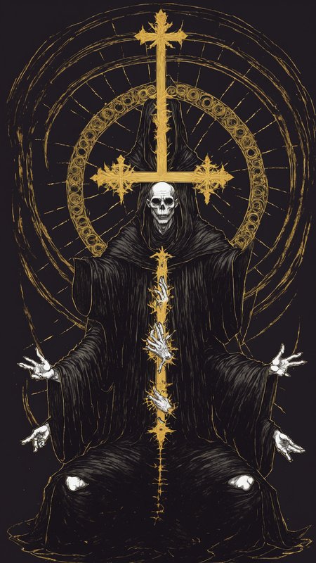 <lora:DarkInkAI:1> DarkInkAI, a gothic wizard, floating cross legged, circle of arms, radiating power, gold ink, inksketch