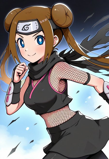 [hinosaki, pokemoa, gonzarez], 2d, masterpiece, best quality, amazing quality, 1girl, solo, close-up, running, from side, naruto run, smile, upper body, cowboy shot, looking at viewer, simple background, gradient background, smoke splashes, black background, blue background,  ninrosa, blue eyes, white pupils, brown hair, long hair, twintails, double bun, bangs, forehead protector, arm guards, fishnet bodystocking, black bodysuit, black scarf, torn scarf, ninja, black skirt, miniskirt