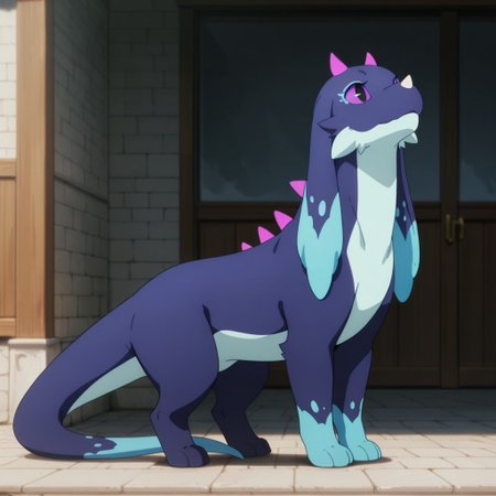 masterpiece, best quality, amazing quality,Feirunespdril, feral, female, earth wyrm, white nose horn, two-tone fur, dark blue fur, light blue fur, long ears, pink horns, purple sclera, black eyes, standing, outside, full body,