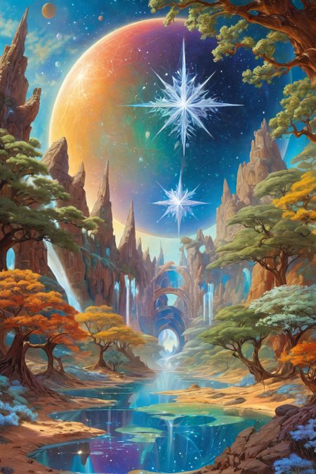 Landscape,Landscape creator,Doorto other world,  A fractal plain where geometry self-destructs prism pyramids refracting time,  star clusters mimicking snowflake geometry, Vines bearing blossoms with liquid mercury centers, fruit ripening cycles dictating temporal flow, heat distortions birthing temporary oasis holograms, Art painting by Jason de Graaf and John Harris and Akihiko Yoshida, featured on Tjalf Sparnaay,,
<lora:extremely_detailed:0.7> extremely detailed ,
<lora:add-detail-xl:0.7>,
 <lora:softdigital2x2:0.15>,
 <lora:EpicF4nta5yXL:0.3>,, Magic realism painting art style, surreal compositions, vibrant colors, blurs the line between reality and fantasy